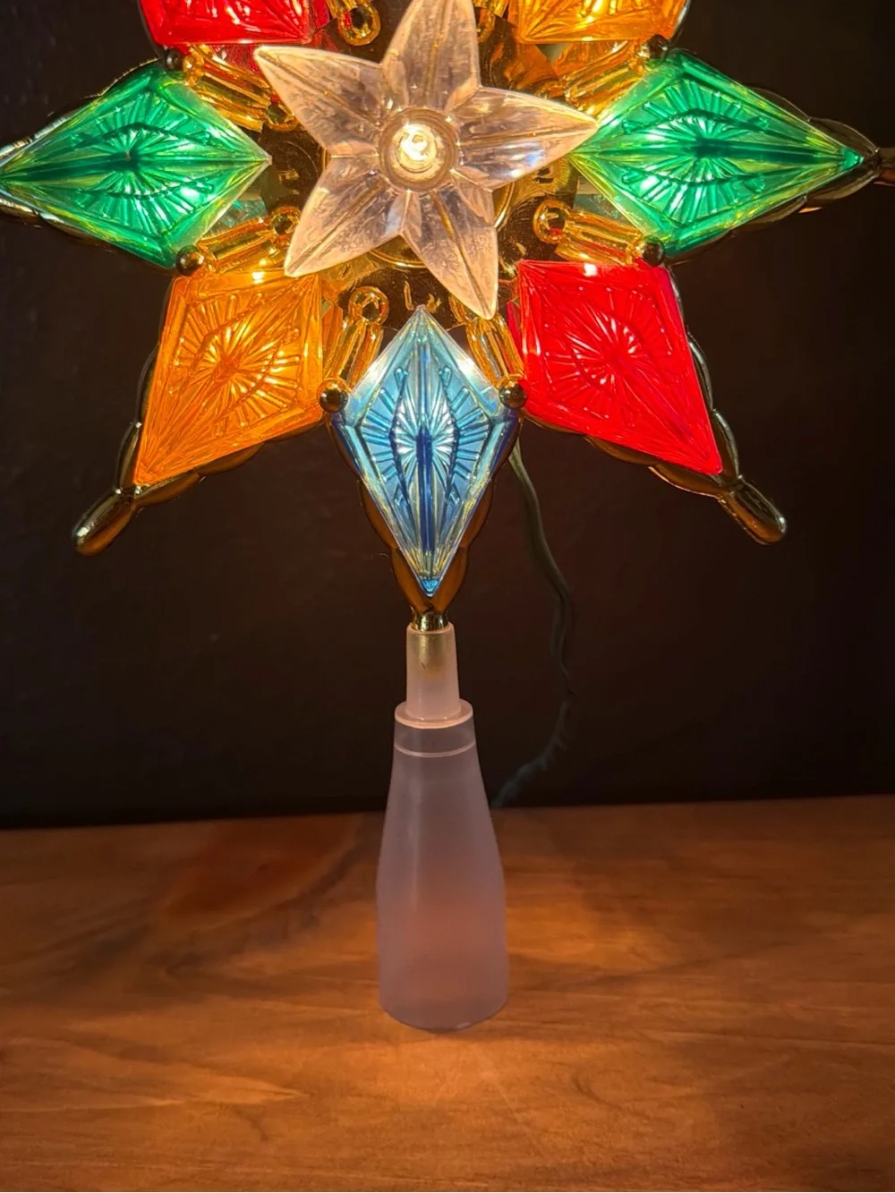 Vintage Style Christmas Tree Atomic Star Topper Rainbow Lights and Gold Festive
